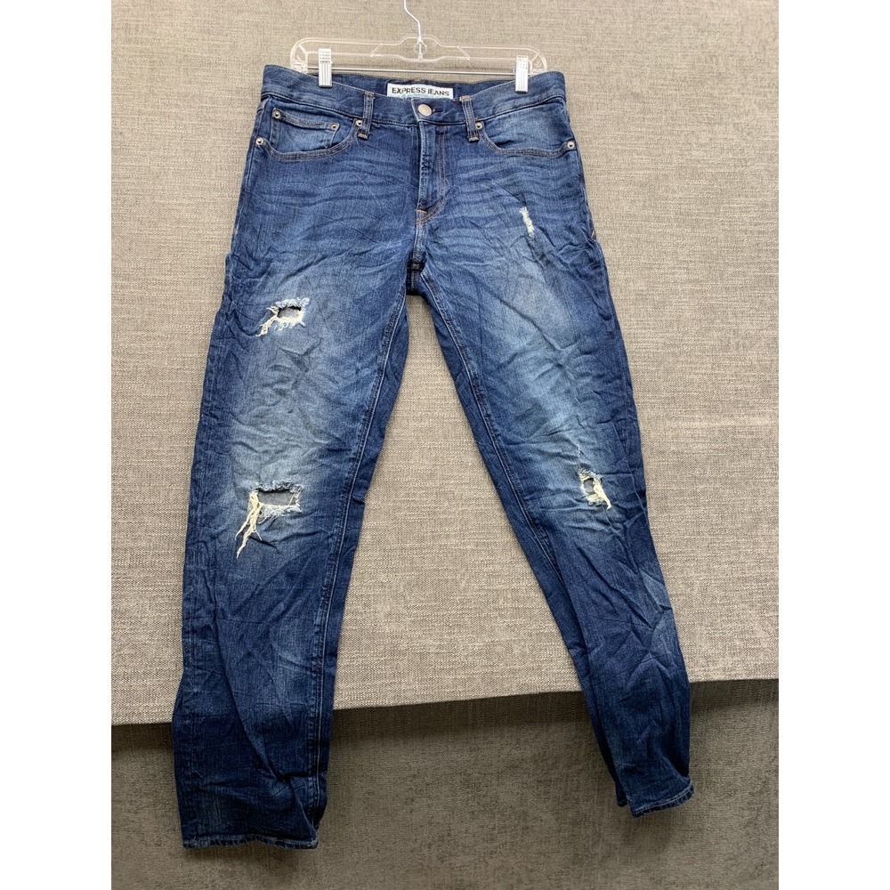 Express Rocco Slim Fit Skinny Jeans Mens 32x34 Blue Whiskering Denim Distressed